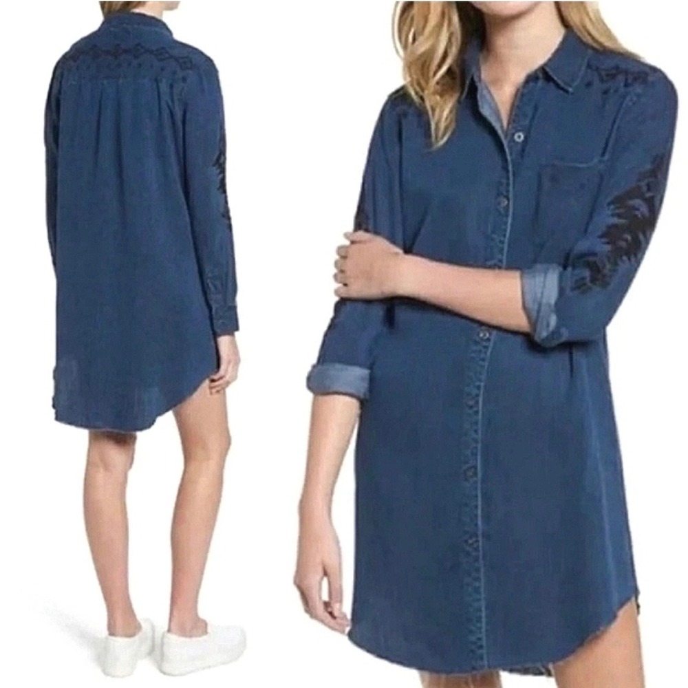 Rails Denim Shirt Dress XS Embroidered Western Boho Mini Dress - Picture 2 of 7
